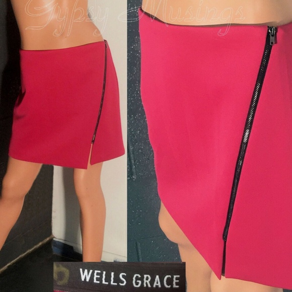 NWT~WELLS GRACE Fuchsia Pink Asymmetrical Zipper Short Modern Mini Skirt~M - Picture 1 of 9